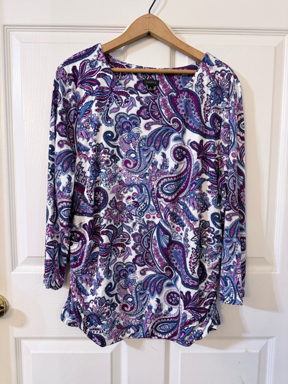 Talbots White Top with Purple & Blue Paisley Print